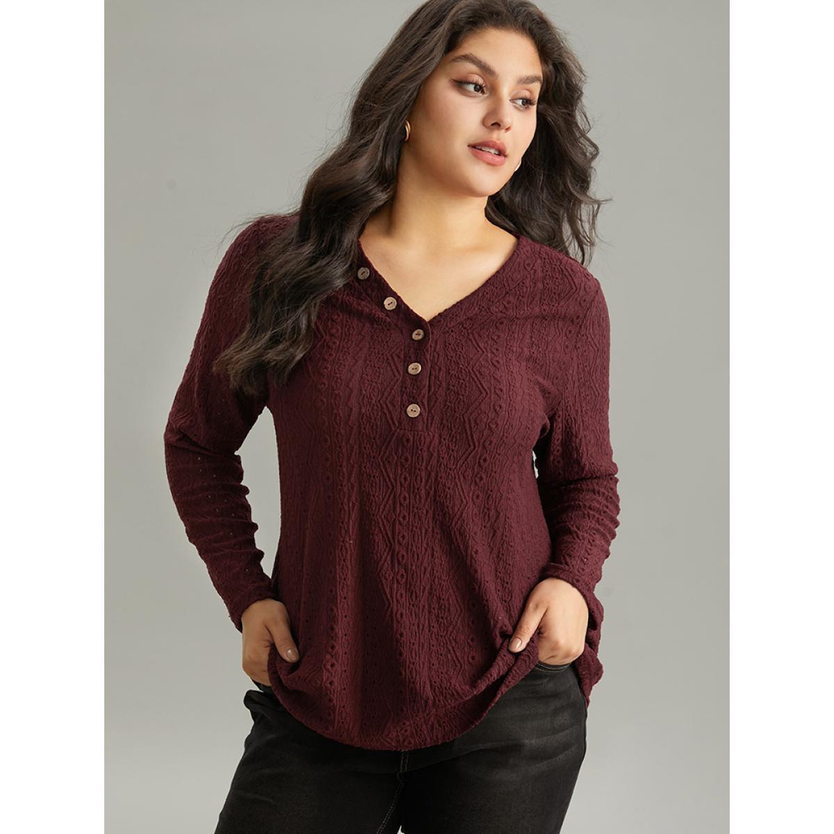 Plus Size Broderie Anglaise Button Detail Jacquard T-shirt Burgundy Women Elegant Texture Plain V-neck Dailywear T-shirts BloomChic 12/L Product Image