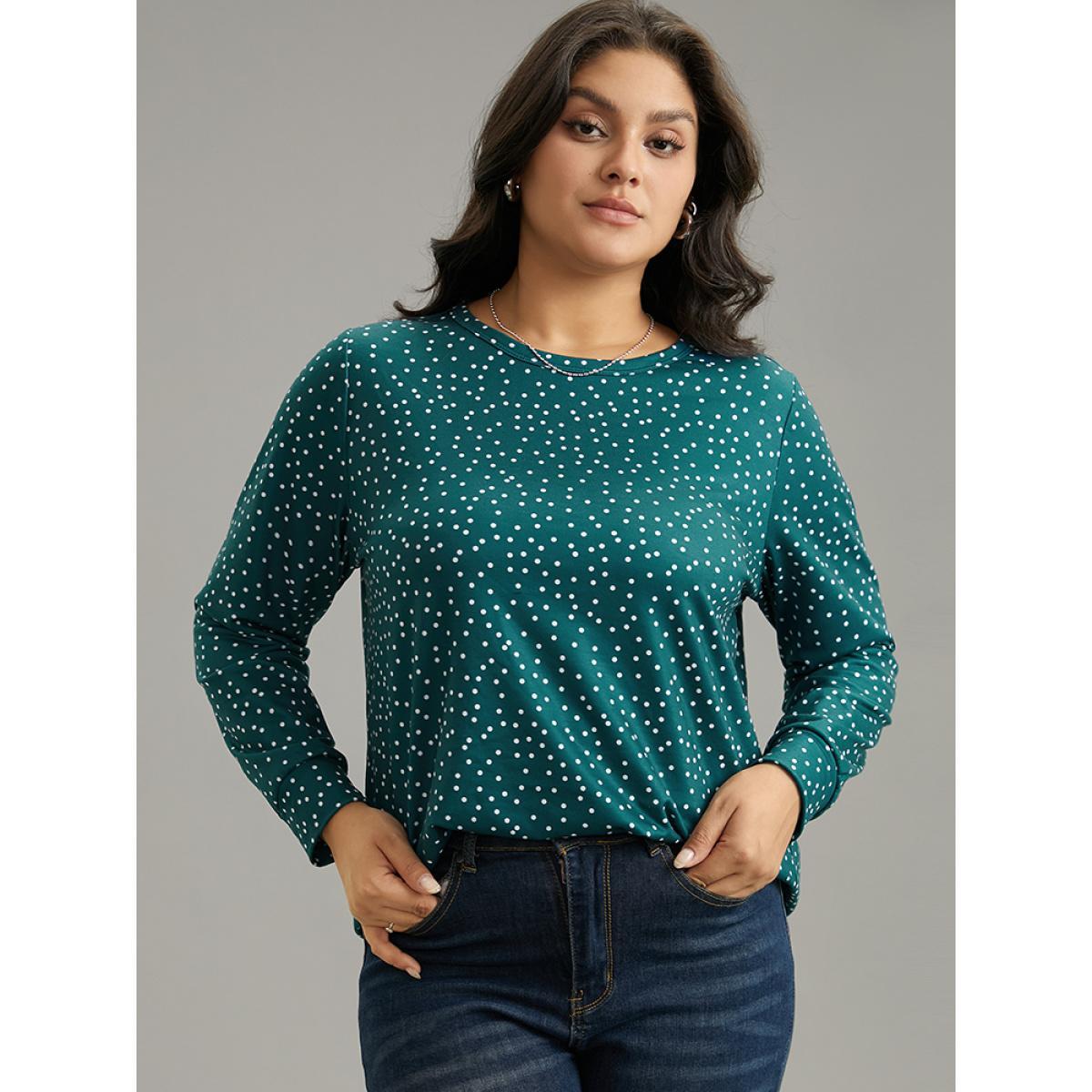 Plus Size Polka Dot Contrast Basic T-shirt Arctic Women Casual Printed Polka Dot Round Neck Dailywear T-shirts BloomChic 22-24/3X Product Image