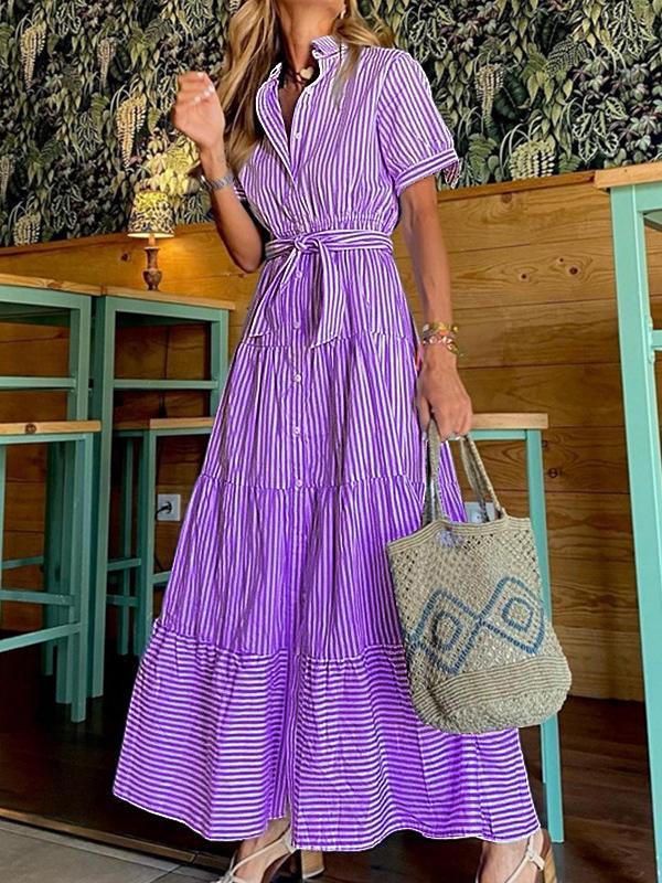 Loose Short Sleeves Striped Lapel Maxi Dresses Product Image