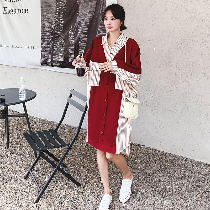Long-Sleeve Striped Panel Midi Shirt Dress Product Image