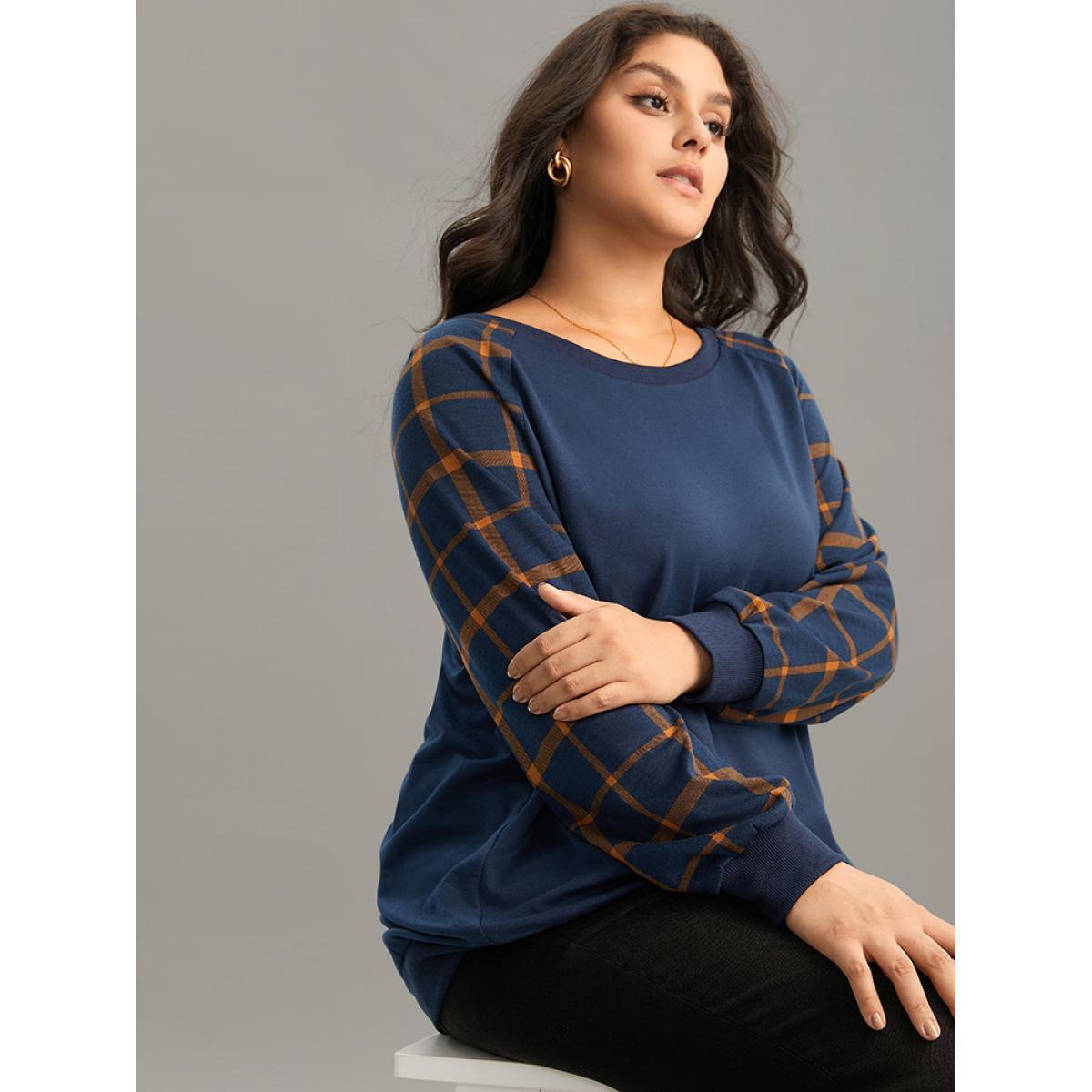 Plus Size Plaid Two Tone Patchwork Rib Knit Sweatshirt Women Indigo Elegant Rib Knit Round Neck Dailywear Sweatshirts BloomChic 10/M Product Image
