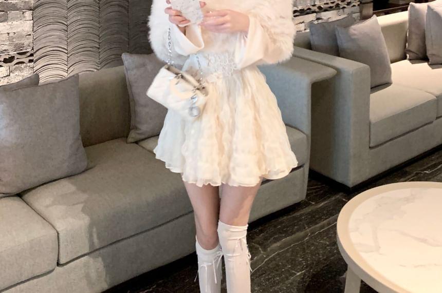 Plain Fluffy Cropped Capelet / Flared-Sleeve Cold-Shoulder Flower Embroidered Mini A-Line Dress Product Image