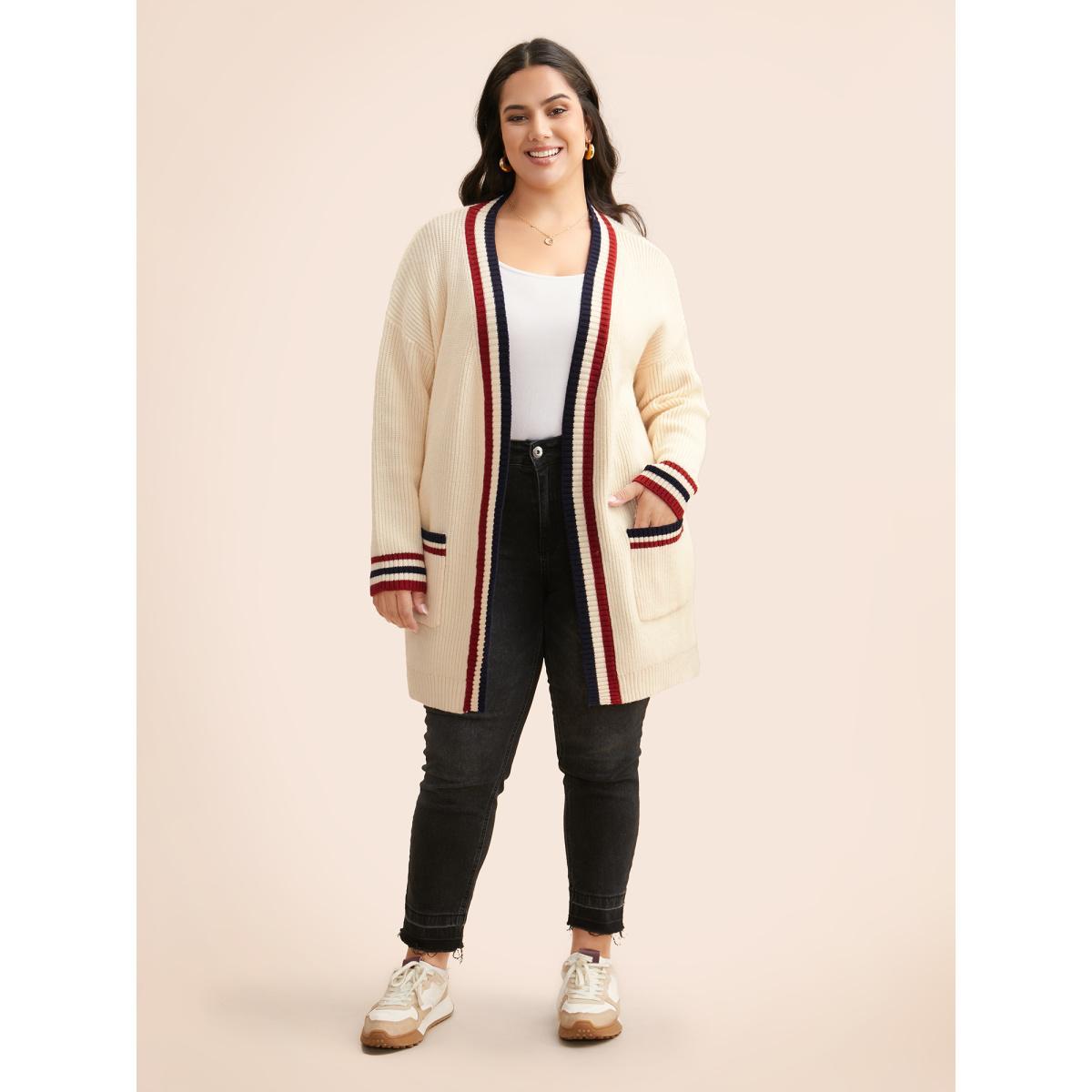 Plus Size Supersoft Essentials Contrast Striped Drop Shoulder Cardigan Beige Women Casual Loose Long Sleeve Everyday Cardigans BloomChic 28/5X Product Image