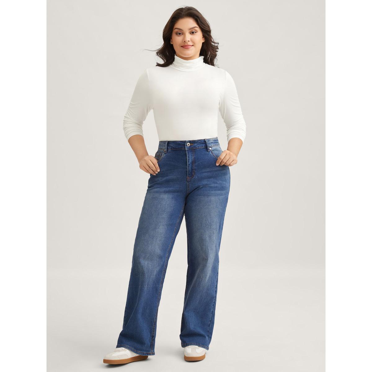 Plus Size Supersoft Essentials Solid Funnel Neck Knit T-shirt White Women Elegant Plain Plain Ruffled collar Bodycon Dailywear T-shirts BloomChic 10/M Product Image