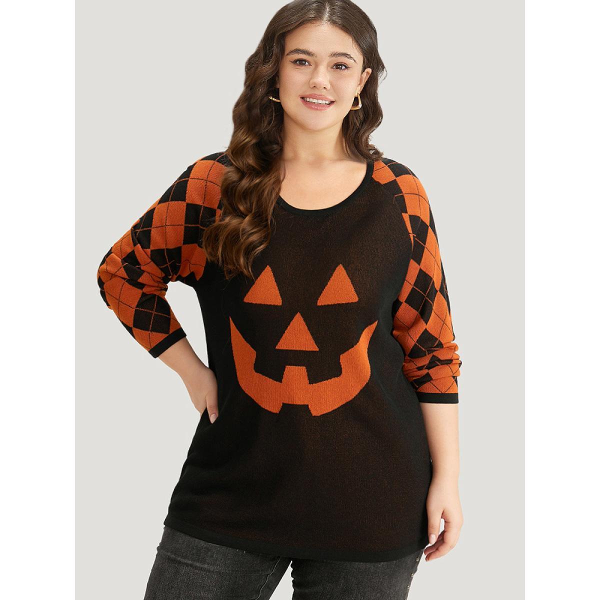 Plus Size Halloween Print Contrast Round Neck Pullover Black Women Casual Loose Long Sleeve Round Neck Festival-Halloween Pullovers BloomChic 12/L Product Image