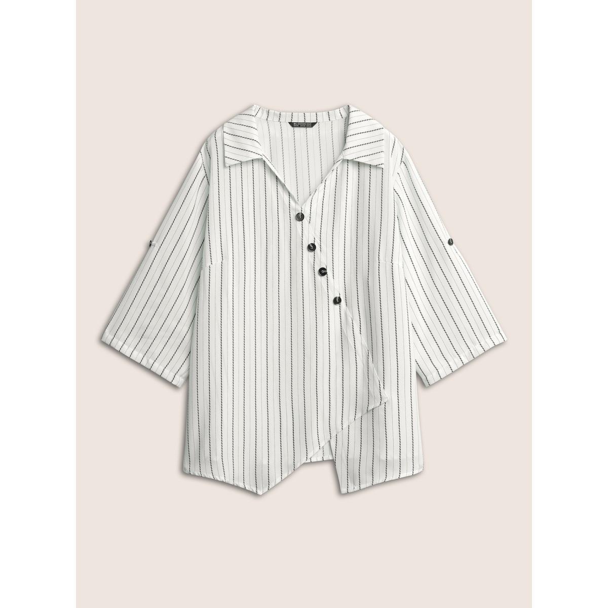 Plus Size White Striped Button Detail Asymmetrical Hem Blouse Women At the Office Elbow-length sleeve Shirt collar Work Blouses BloomChic 28/5X Product Image