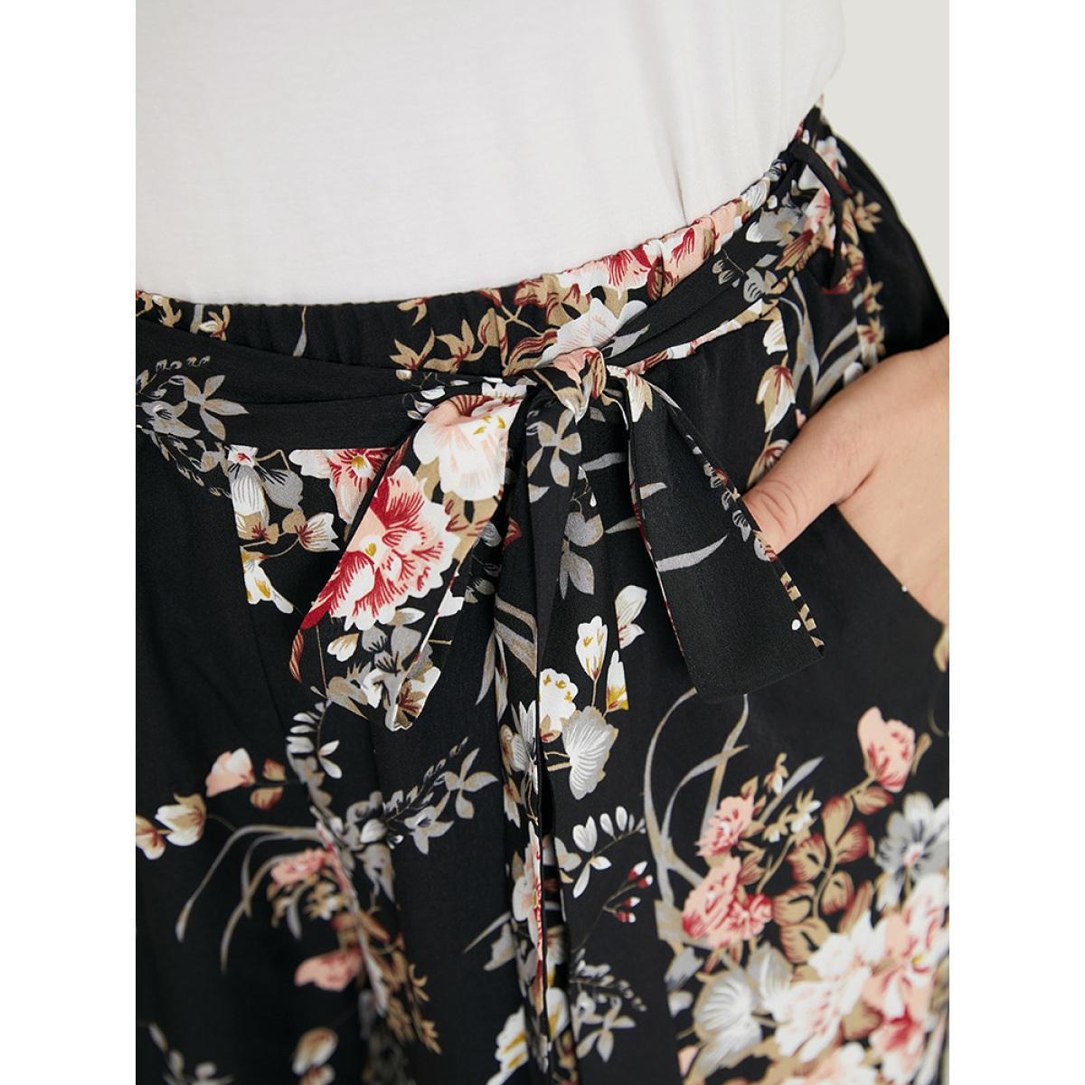 Plus Size Floral Pocket High Rise Wide Leg Belt Pants Women BlackFlower Elegant Loose High Rise Dailywear Pants BloomChic 10/M Product Image
