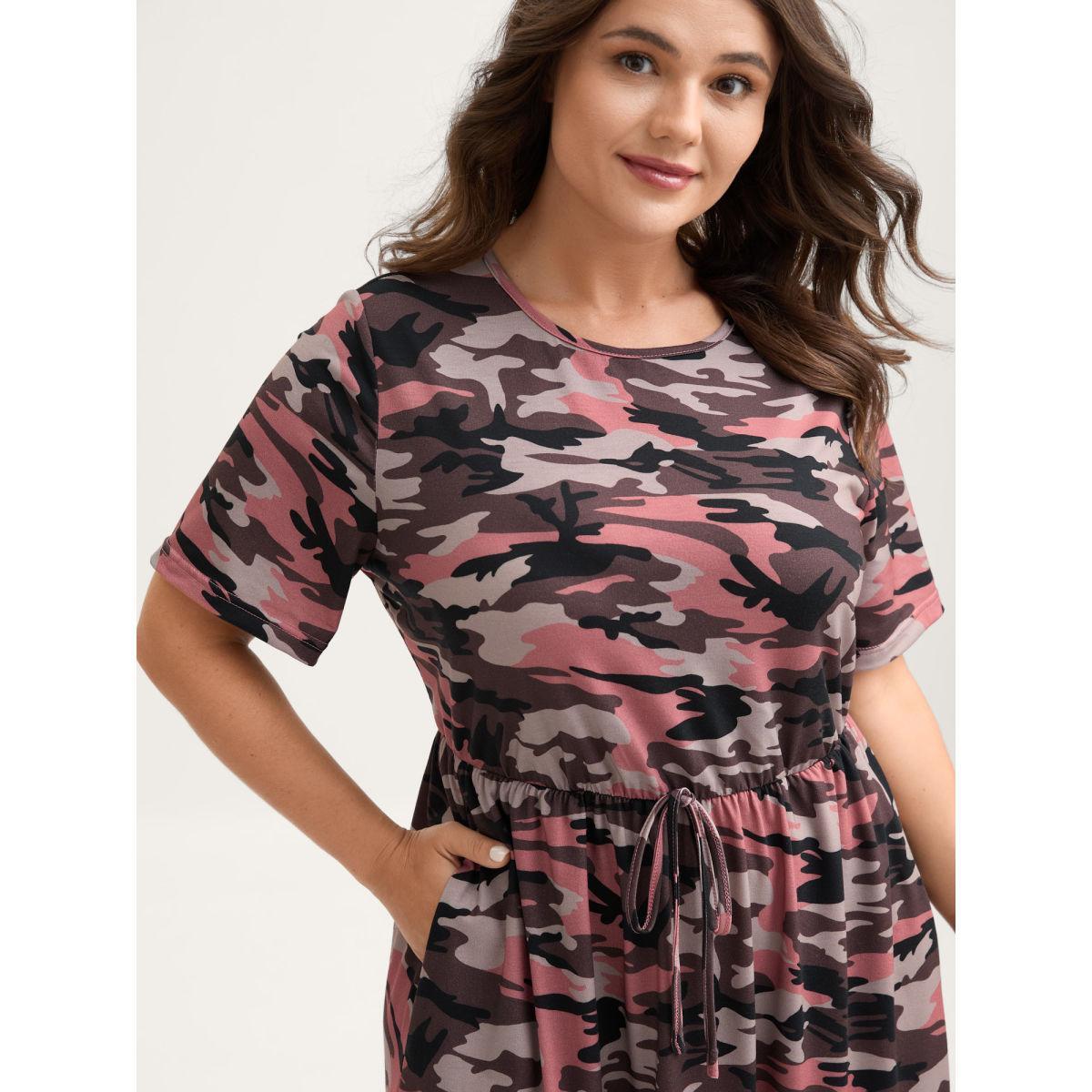 Plus Size Camouflage Print Round Neck Pockets Midi Dress Heather Women Casual Tie knot Knit Dresses Bloomchic 22-24/3X Product Image