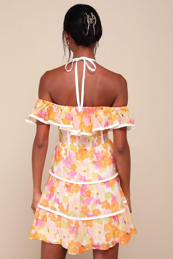 Cutest Instinct Ivory Floral Halter Cold-Shoulder Mini Dress Product Image