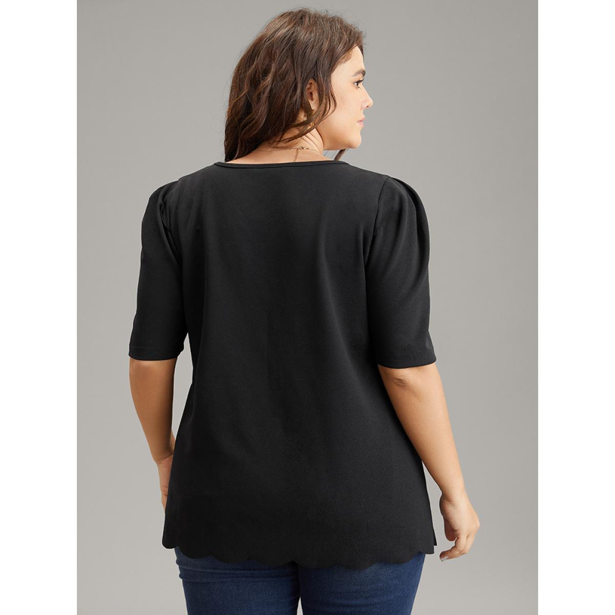 Plus Size Black Plain Puff Sleeve Scalloped Trim Blouse Women Work From Home Half Sleeve V-neck Work Blouses BloomChic 28/5X Product Image