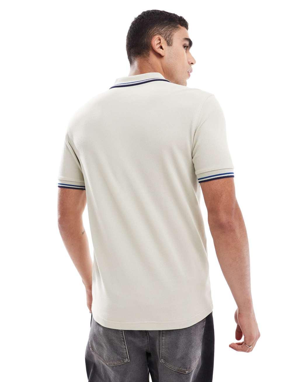 Fred Perry twin tipped polo shirt in ecru and blue Product Image
