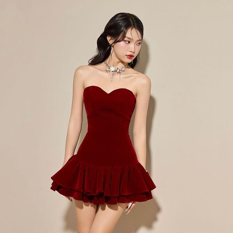 Sleeveless Plain Velvet Layered Slim-Fit Mini Bodycon Dress Product Image