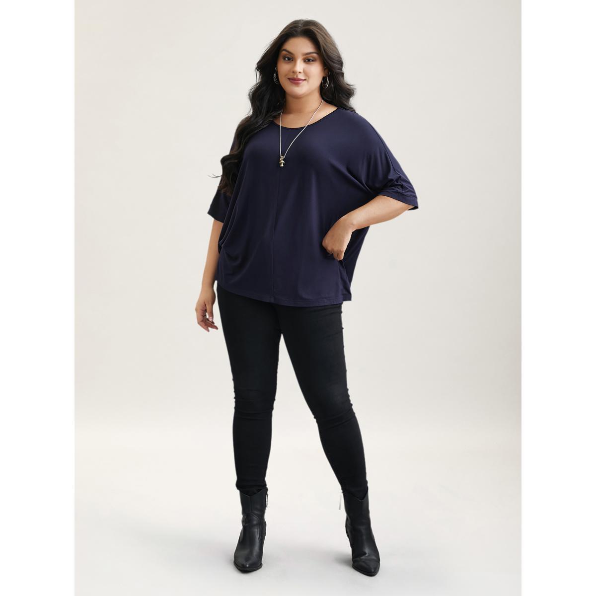 Plus Size Supersoft Round Neck Plain T-Shirt Midnight Women Casual Non Round Neck Everyday T-shirts BloomChic 14-16/1X Product Image