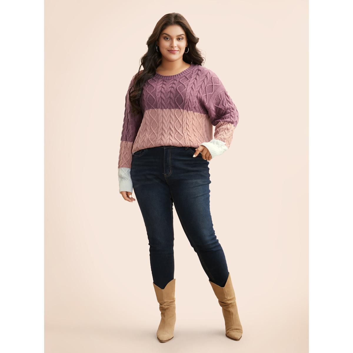 Plus Size Contrast Cable Knit Arc Hem Pullover Lilac Women Casual Loose Long Sleeve Round Neck Everyday Pullovers BloomChic 10/M Product Image