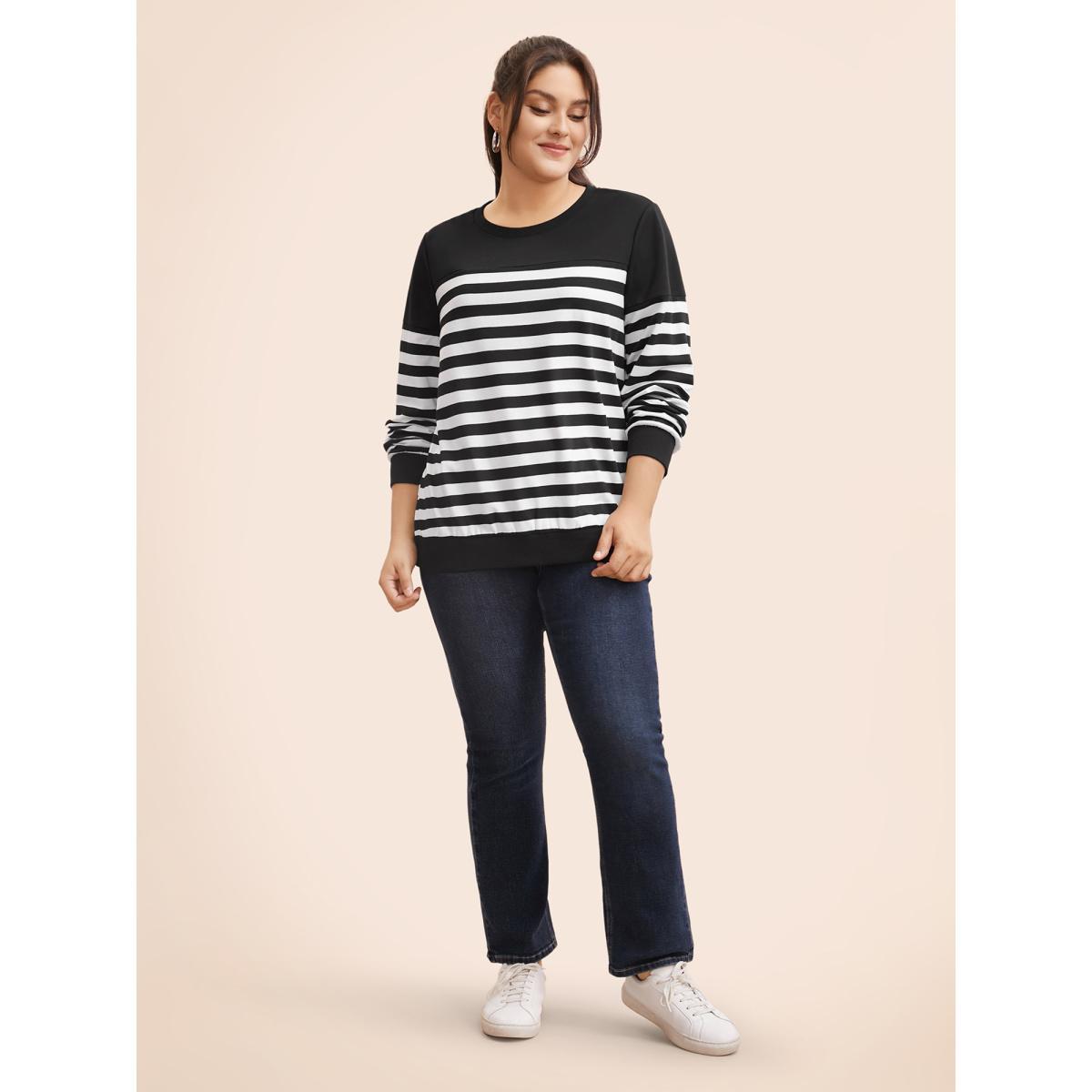 Plus Size Round Neck Striped Patchwork Contrast Sweatshirt Women Black Casual Contrast Loose Round Neck Everyday Sweatshirts BloomChic 18-20/2X Product Image