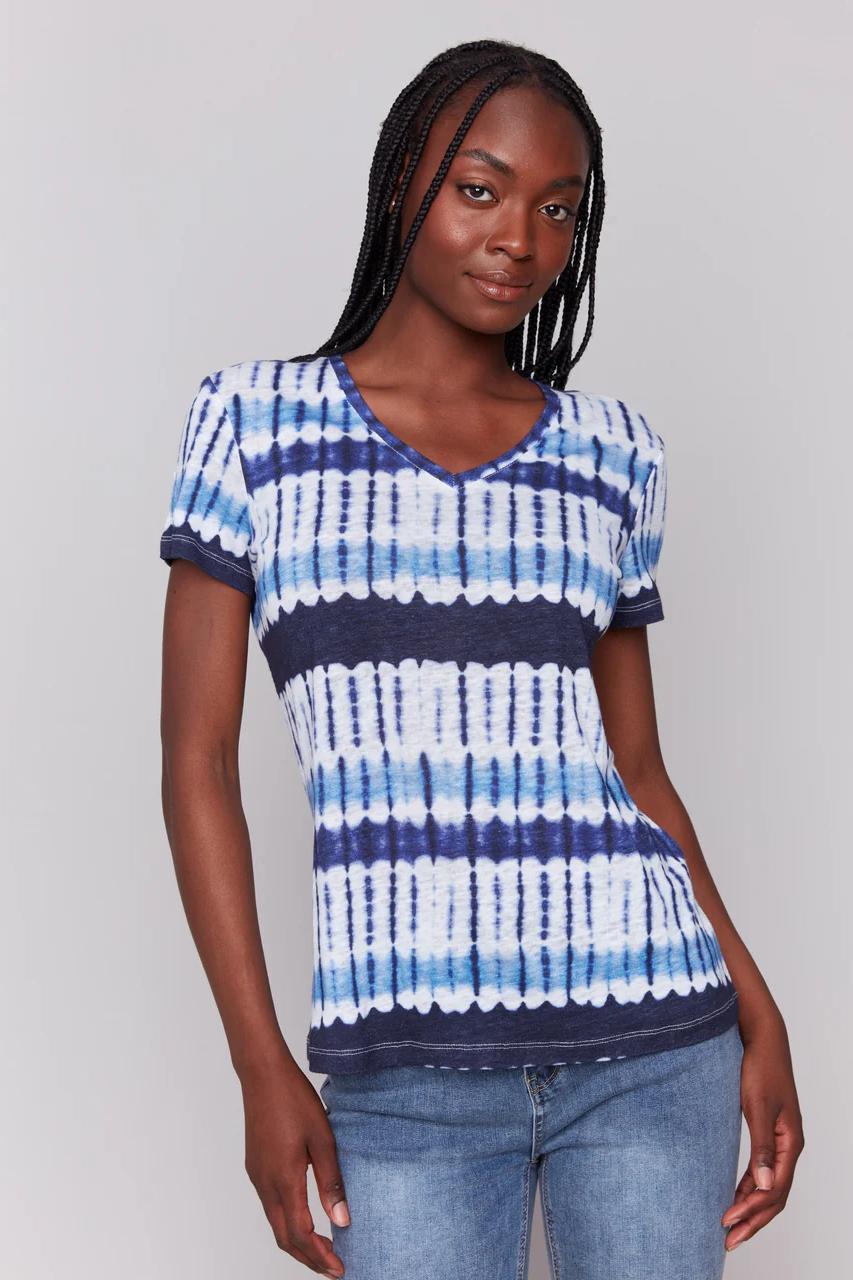 Printed Linen Blend V-Neck T-Shirt Product Image