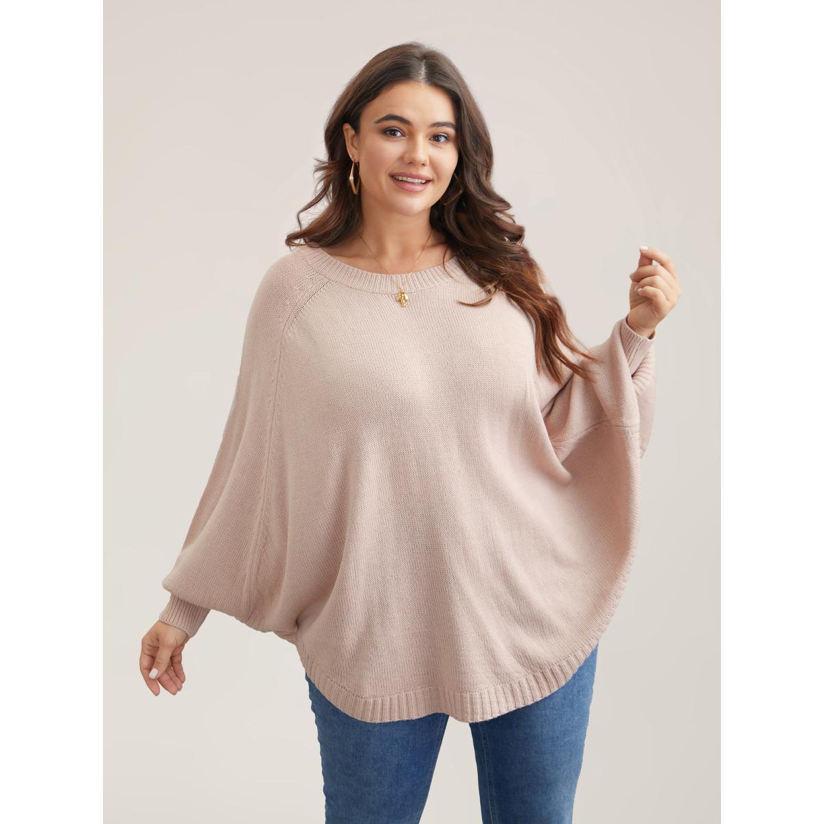 Plus Size Bat Sleeve Curved Hem Pullover MistyRose Women Casual Loose Long Sleeve Round Neck Everyday Pullovers BloomChic 28/5X Product Image