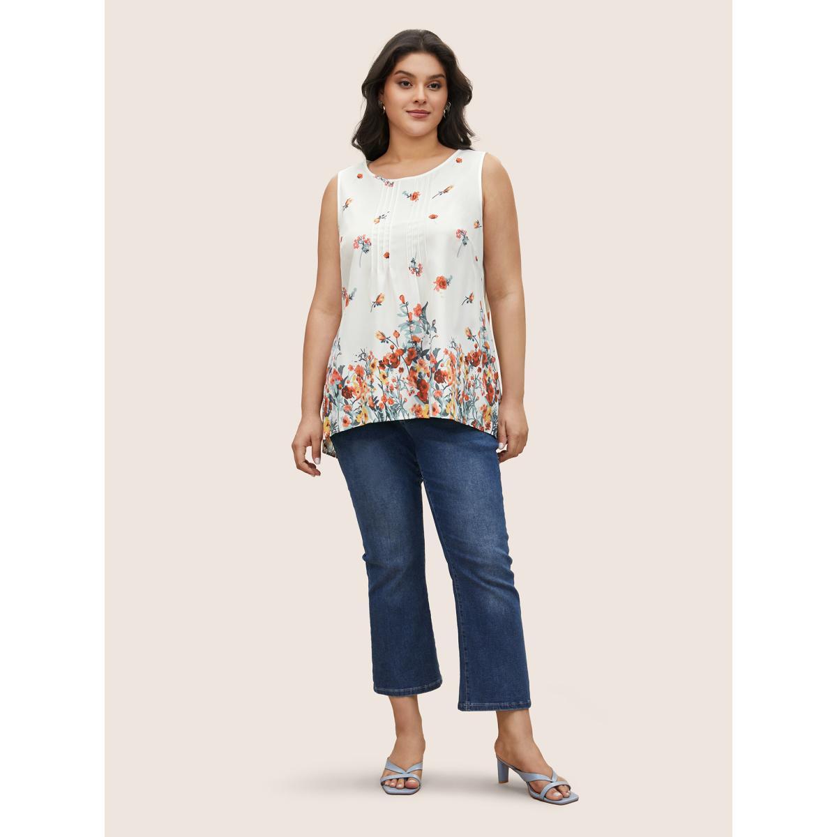 Plus Size Watercolor Floral Tucked Seam Tank Top Women Ivory Elegant Tucked seam Round Neck Everyday Tank Tops Camis BloomChic 22-24/3X Product Image
