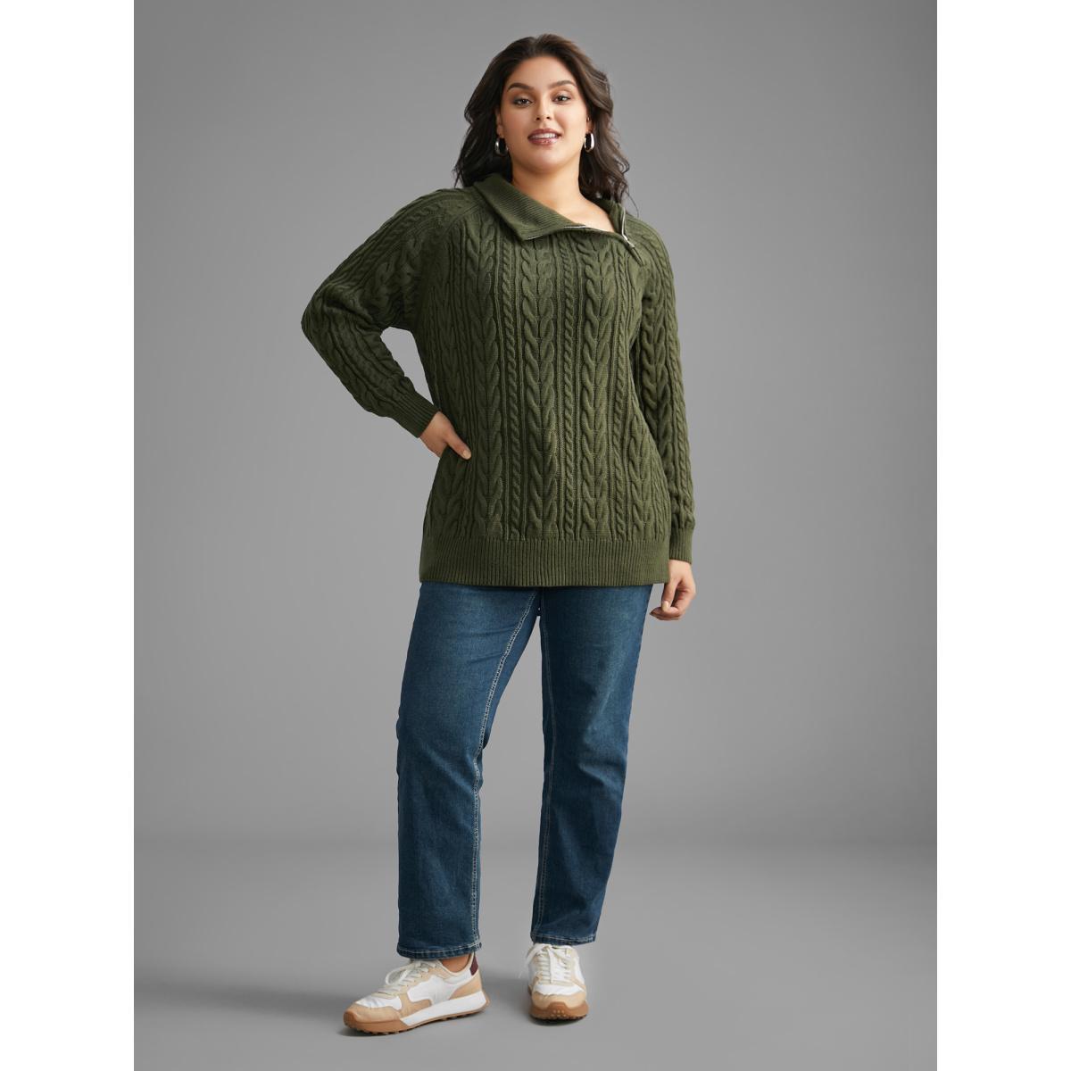 Plus Size Asymmetrical Neck Cable Knit Zipper Pullover ArmyGreen Women Casual Loose Long Sleeve Asymmetrical Neck Everyday Pullovers BloomChic 26/4X Product Image