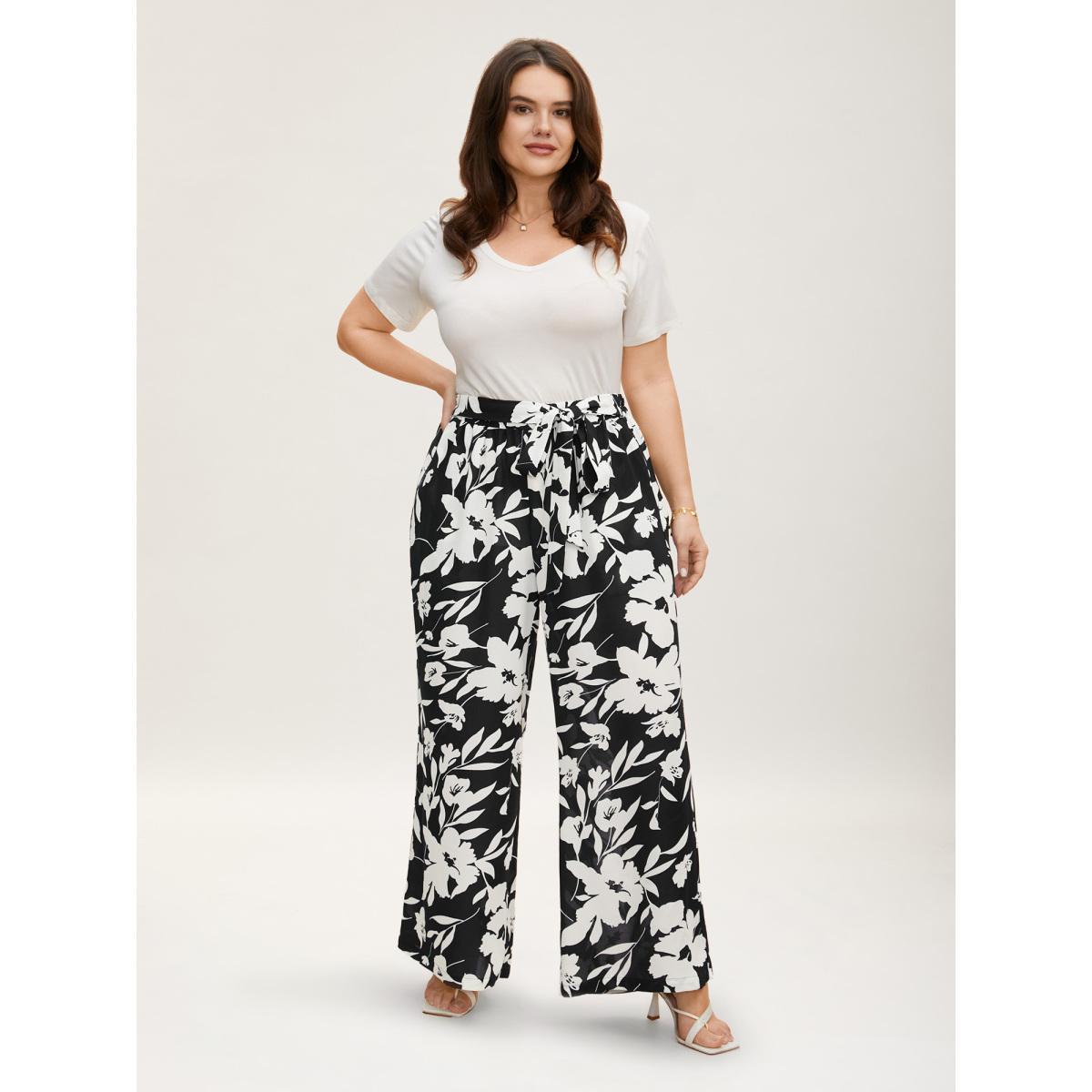 Plus Size Silhouette Floral Print Ties Side Seam Pocket Pants Women Black Elegant Wide Leg High Rise Everyday Pants BloomChic 28/5X Product Image