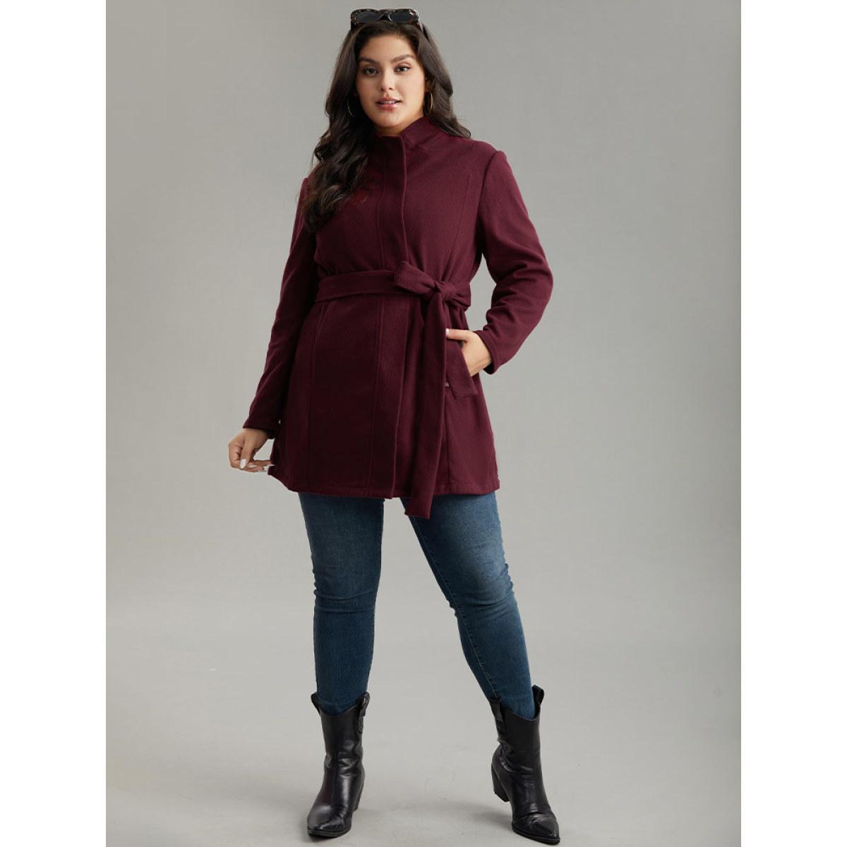 Plus Size Solid Button Fly Stand Collar Belted Pocket Coat Women Burgundy Casual Plain Ladies Everyday Winter Coats BloomChic 18-20/2X Product Image