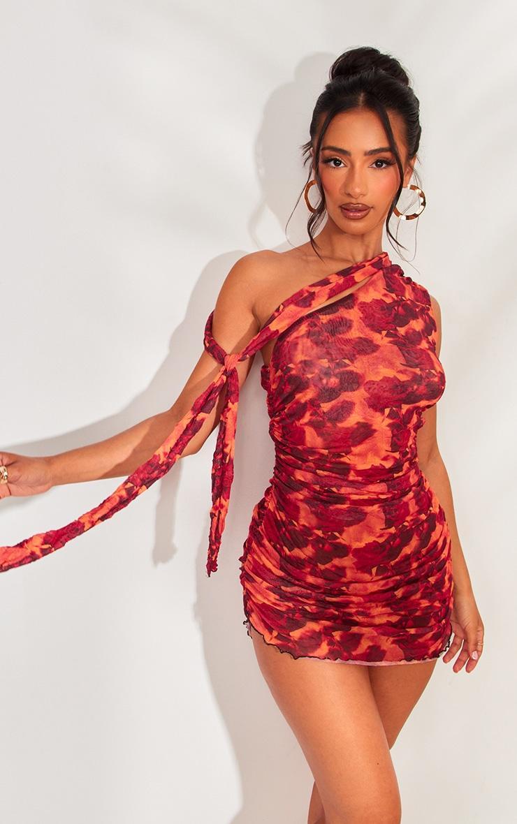 Petite Orange Print Crushed Mesh One Shoulder Mini Dress Product Image
