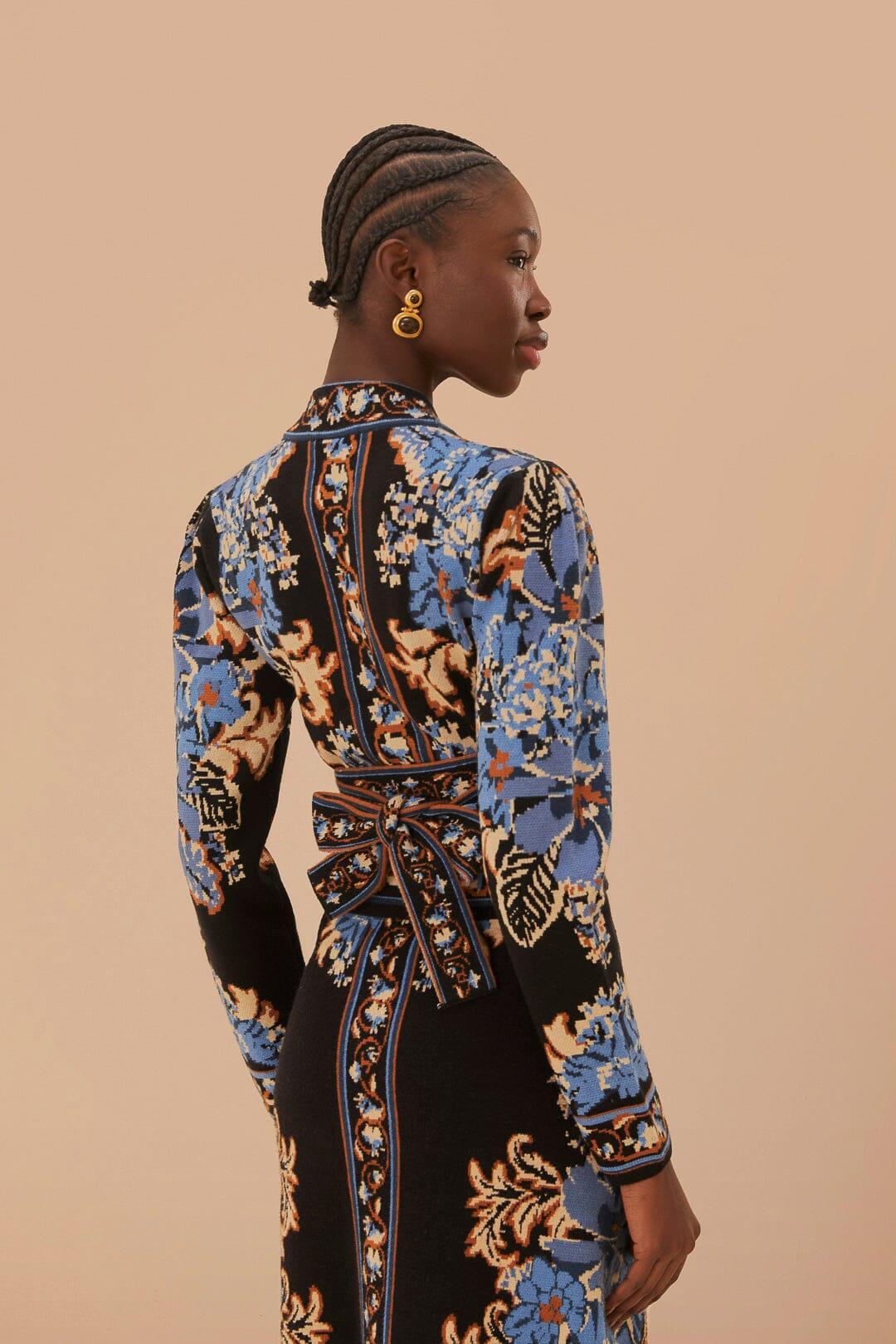 Black Blossom Tapestry Knit Wrap Blouse, BLOSSOM TAPESTRY BLACK / XL Product Image