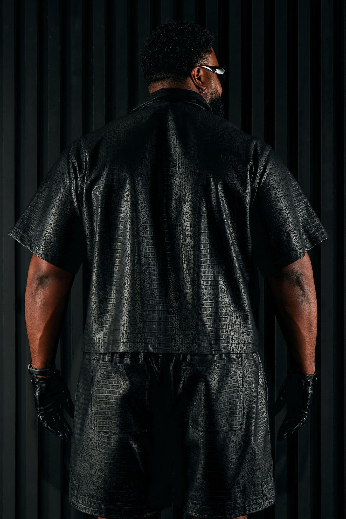 Gotta Run Faux Croc Leather Cropped Button Up Shirt - Black Product Image