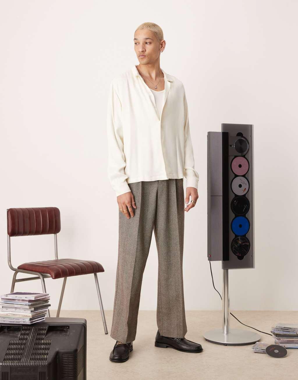 ASOS DESIGN relaxed cropped satin shirt in white Product Image