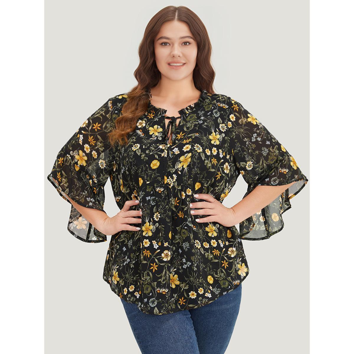 Plus Size Black Floral Tie Neck Frill Trim Bell Sleeve Blouse Women Elegant Half Sleeve Tie Neck Dailywear Blouses BloomChic 22-24/3X Product Image