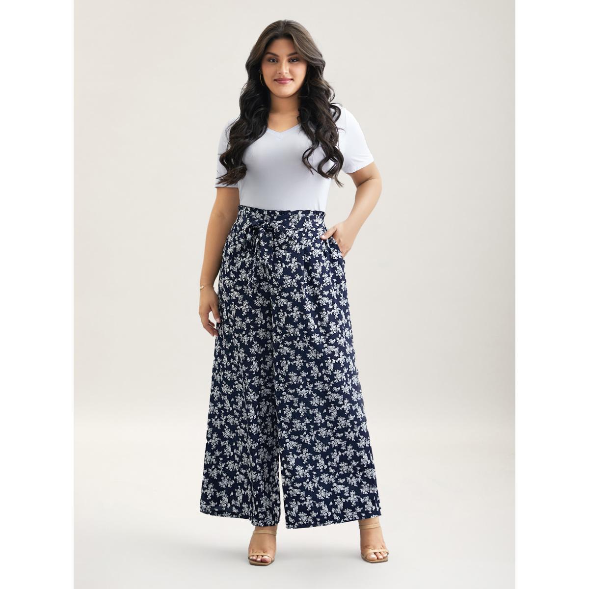 Plus Size Floral Print Waist Stretchy Wide Leg Pants Women Indigo Casual Wide Leg Mid Rise Everyday Pants BloomChic 30/6X Product Image