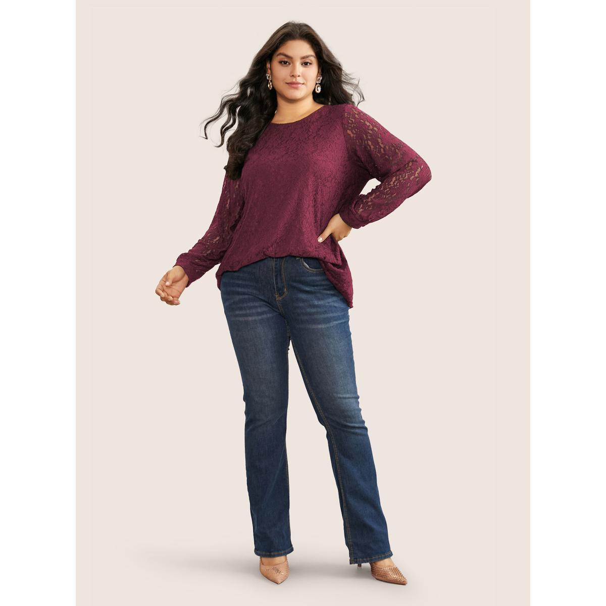 Plus Size DarkGreen Solid Crochet Lace Mesh Crew Neck Blouse Women Cocktail Long Sleeve Round Neck Party Blouses BloomChic 18-20/2X Product Image