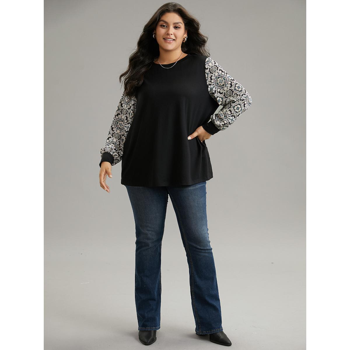 Plus Size Boho Print Patchwork Crew Neck T-shirt Black Women Elegant Printed Bohemian Print Round Neck Dailywear T-shirts BloomChic 10/M Product Image