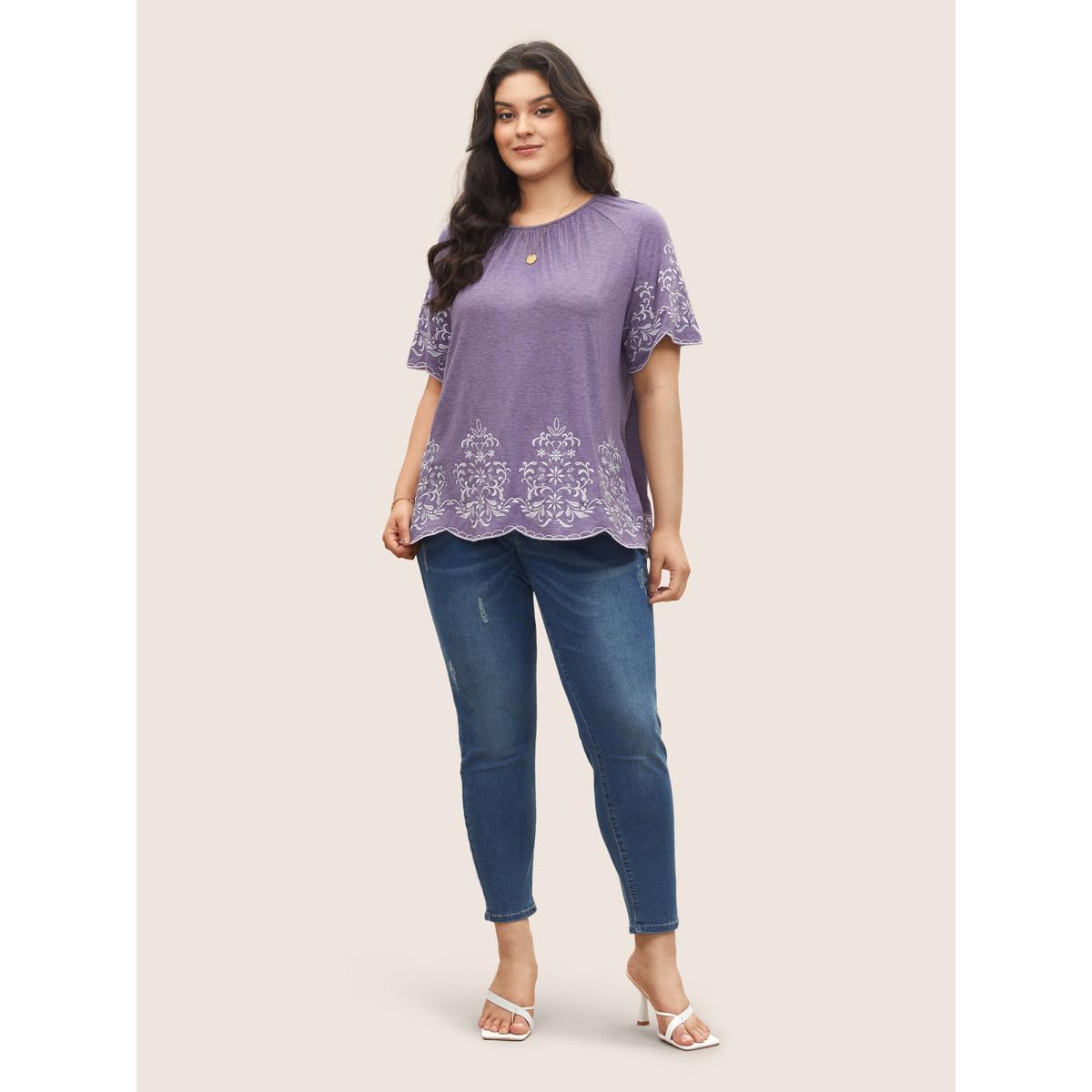 Plus Size Embroidered Scalloped Trim Gathered T-shirt BlueViolet Women Elegant Embroidered Round Neck Everyday T-shirts BloomChic 18-20/2X Product Image