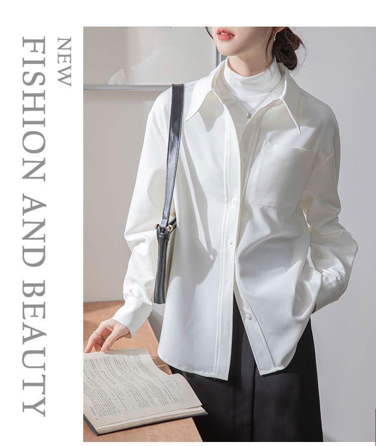 Long Sleeve Lapel Collar Plain Button Shirt Product Image