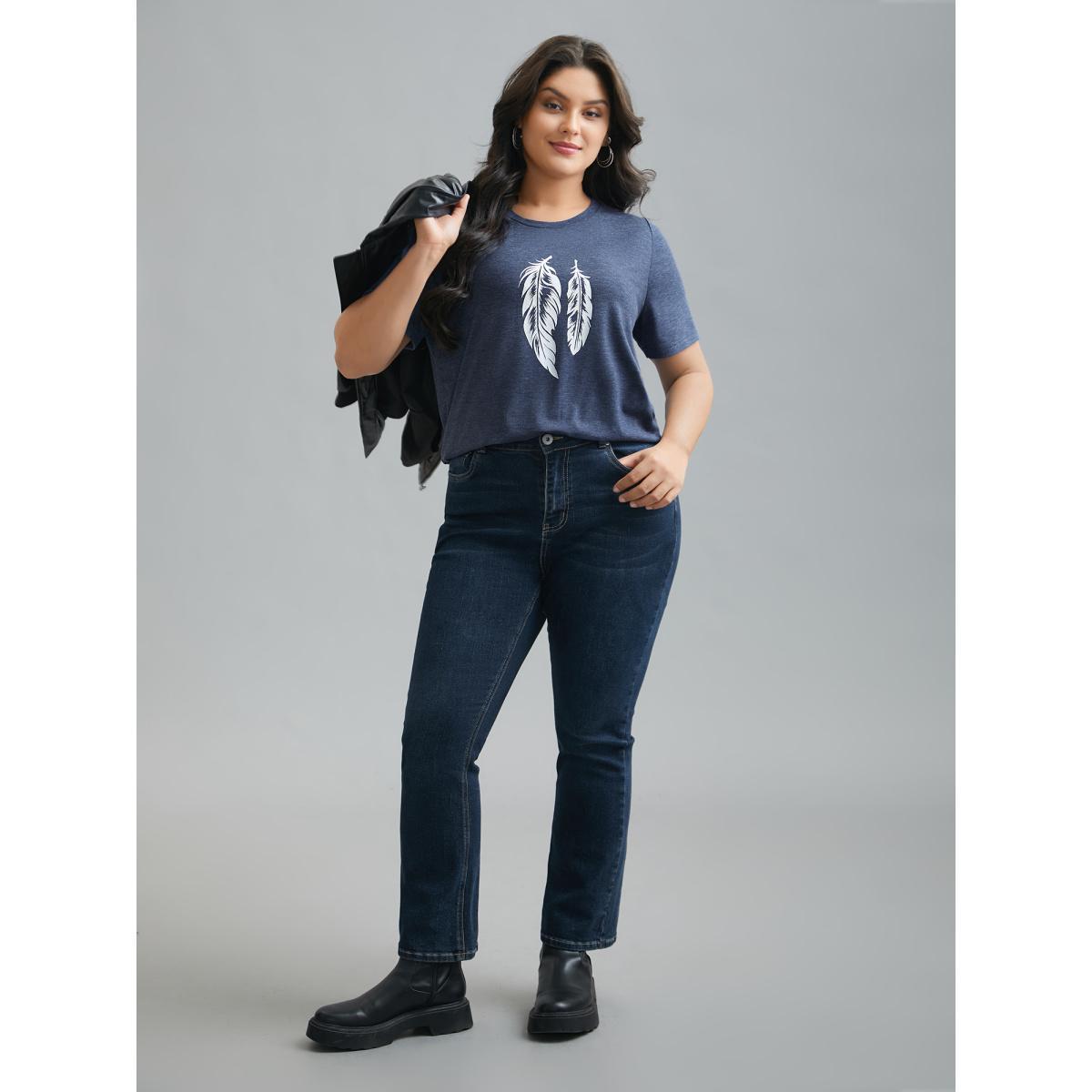 Plus Size Round Neck Feather Pattern T-Shirt Indigo Women Casual Non Art&design Round Neck Everyday T-shirts BloomChic 14-16/1X Product Image