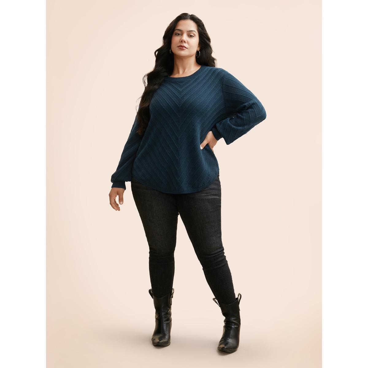Plus Size Plain Textured Crew Neck Pullover DarkGreen Women Casual Loose Long Sleeve Boat Neck Everyday Pullovers BloomChic 10/M Product Image