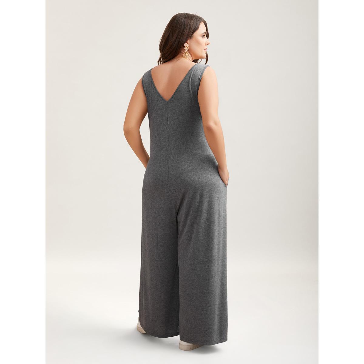 Plus Size DimGray Button-Front Lightweight Wide-Leg Jumpsuit Women Casual Sleeveless V-neck Everyday-Casual Loose Jumpsuits BloomChic 18-20/2X Product Image
