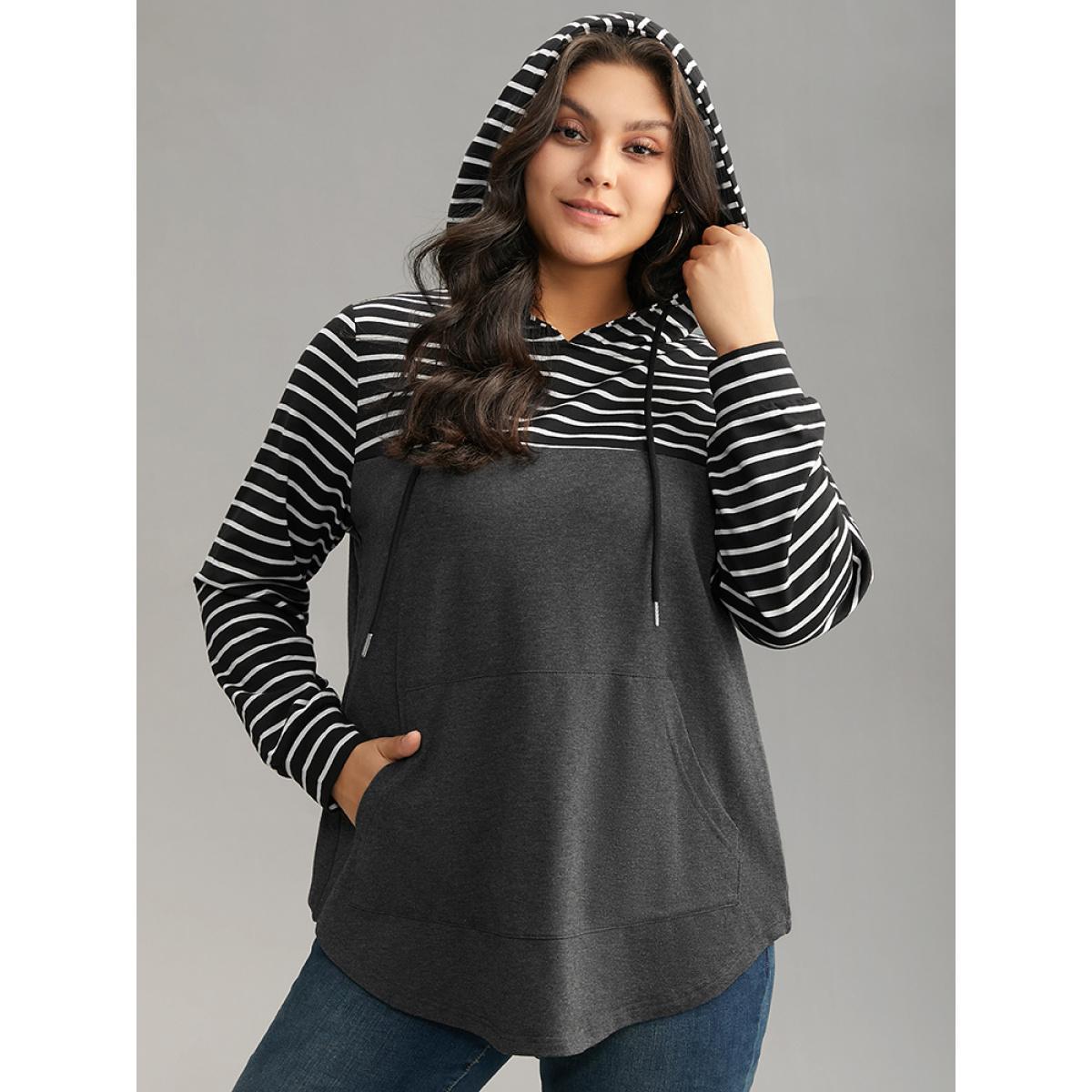 Plus Size Striped Patchwork Hooded Pocket Drawstring Sweatshirt Women DimGray Casual Contrast Hooded Everyday Sweatshirts BloomChic 10/M Product Image