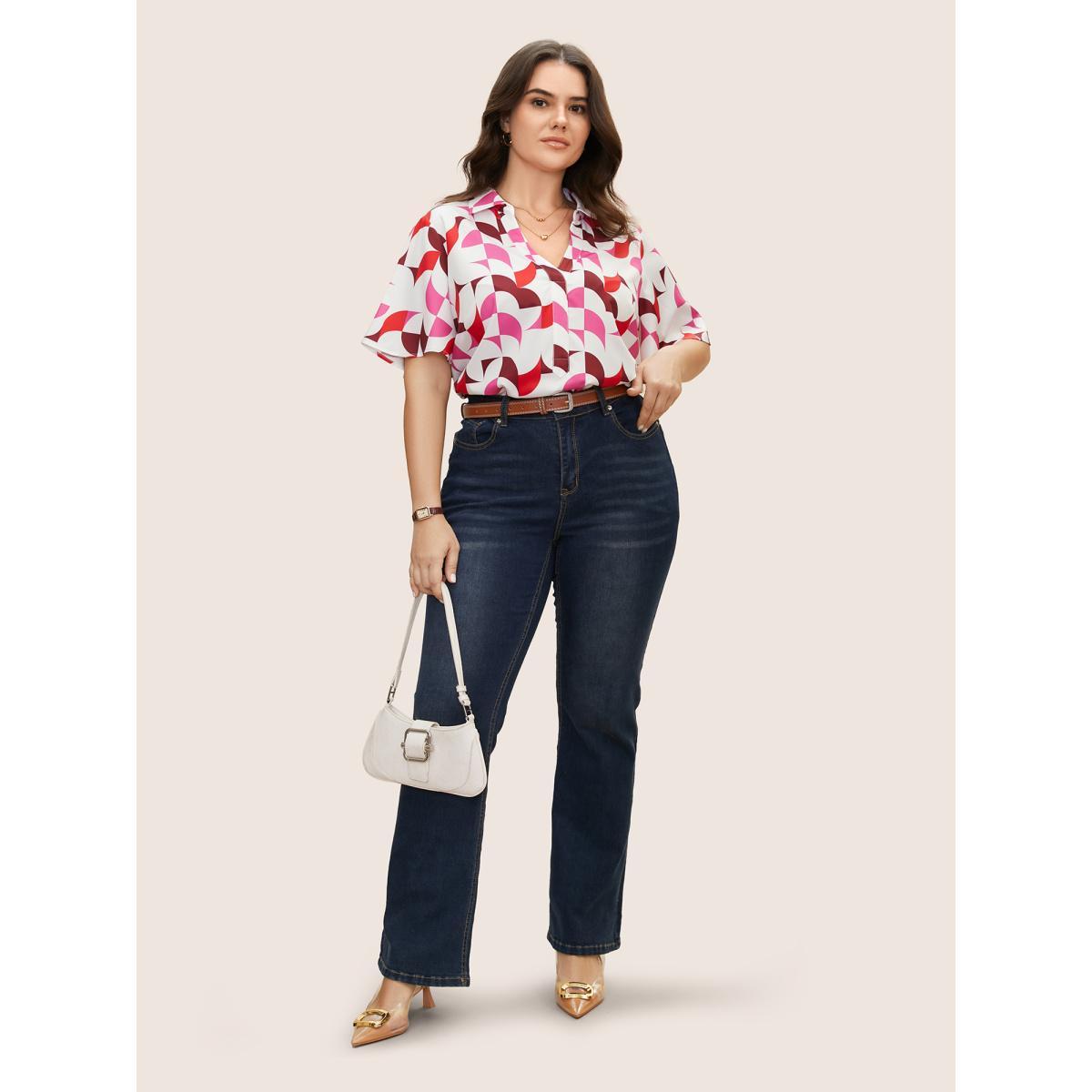 Plus Size Multicolor Contrast Geometric Shirt Collar Flutter Sleeve Blouse Women At the Office Short sleeve Shirt collar Work Blouses BloomChic 14-16/1X Product Image