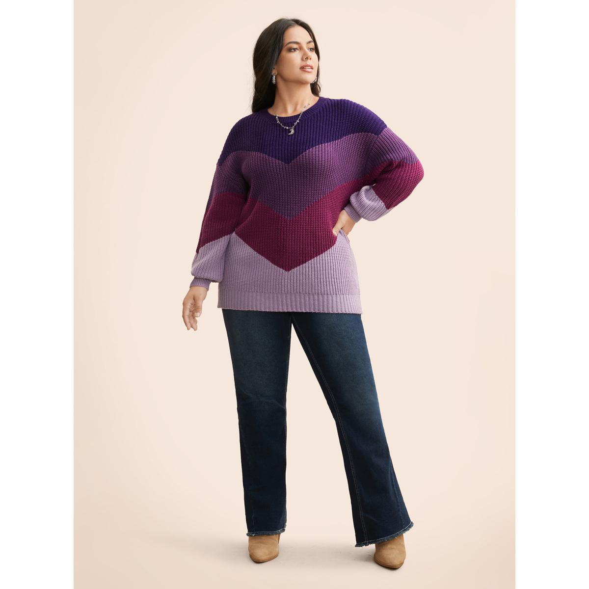 Plus Size Colorblock Contrast Drop Shoulder Sleeve Pullover Deeppurplered Women Casual Long Sleeve Round Neck Everyday Pullovers BloomChic 22-24/3X Product Image
