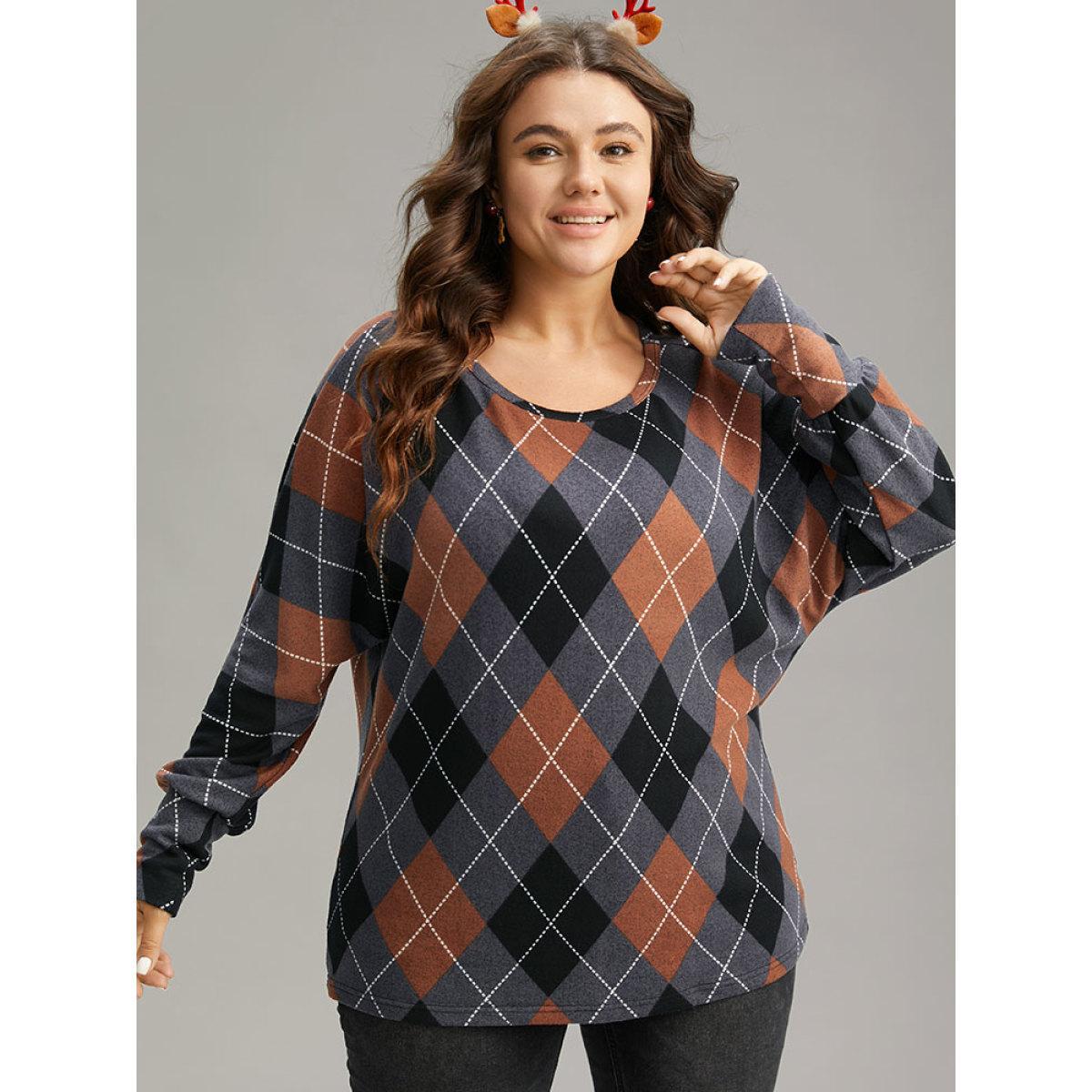 Plus Size Plaid Contrast Round Neck Dolman Sleeve T-shirt Multicolor Women Casual Contrast Plaid Round Neck Festival-Christmas T-shirts BloomChic 30/6X Product Image