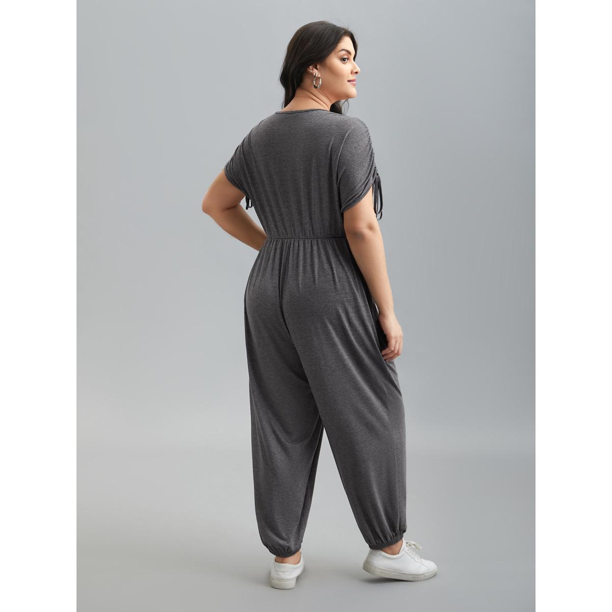 Plus Size DimGray Surplice Neck Drawstring Stretch Jumpsuit Women Casual Short sleeve Overlap Collar Everyday Loose Jumpsuits BloomChic 28/5X Product Image