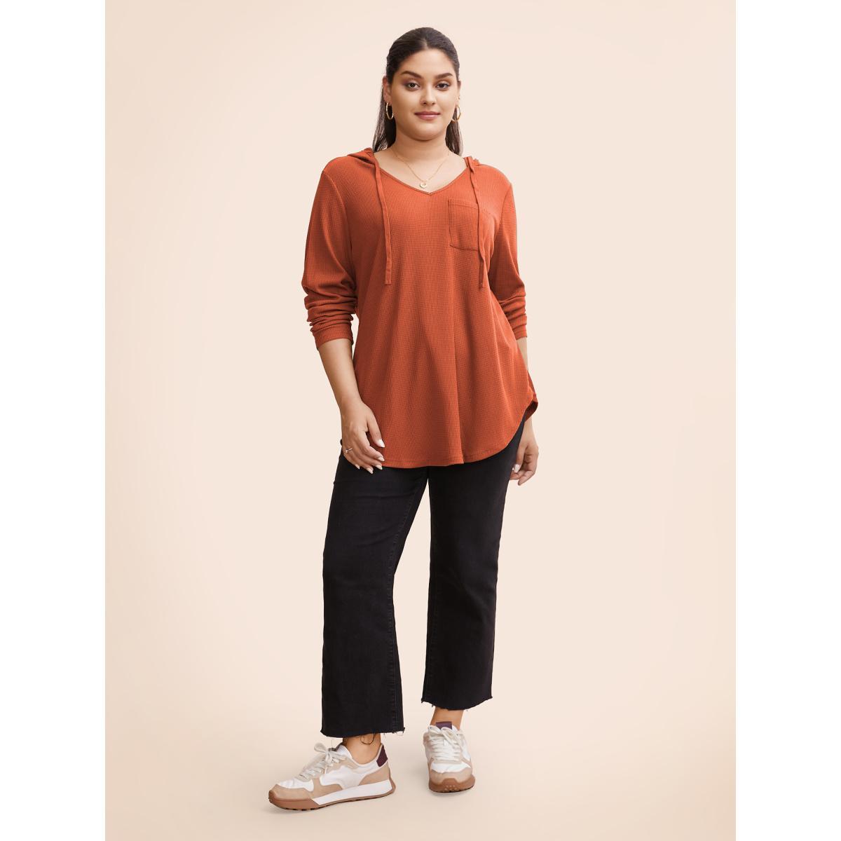 Plus Size Waffle Knit Pocket Hooded Drawstring Arc Hem T-shirt Green Women Casual Texture Plain Hooded Everyday T-shirts BloomChic 22-24/3X Product Image