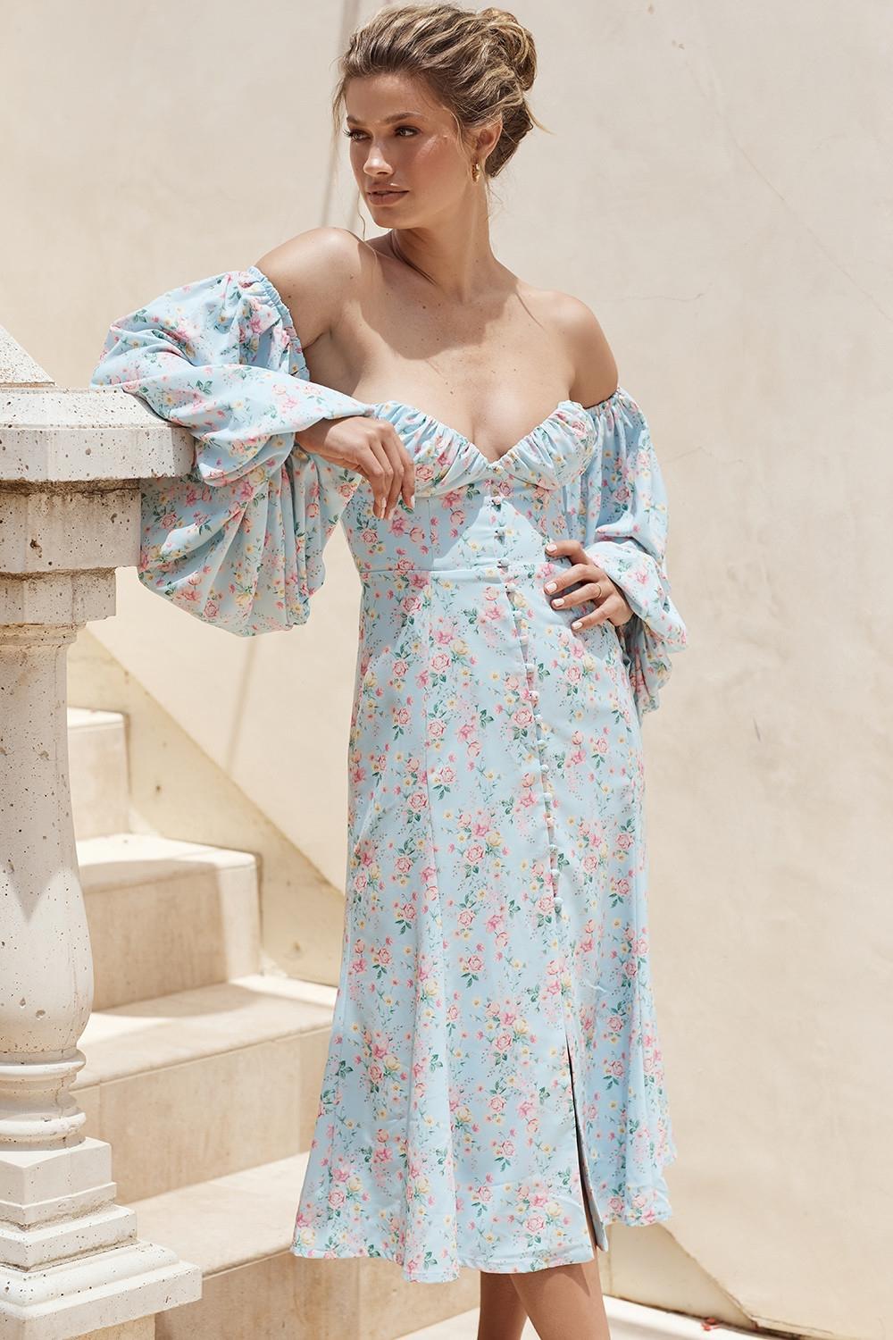 Hope Blue Floral Bardot Midi Sundress Product Image