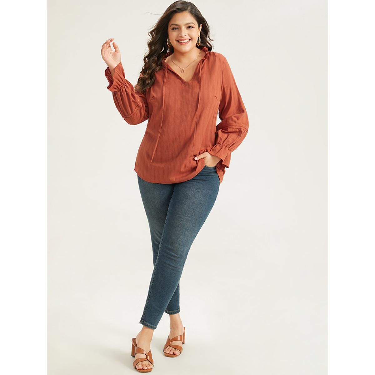 Plus Size OrangeRed Plain Tie Neck Textured Ruffle Trim Blouse Women Elegant Long Sleeve Tie Neck Dailywear Blouses BloomChic 18-20/2X Product Image
