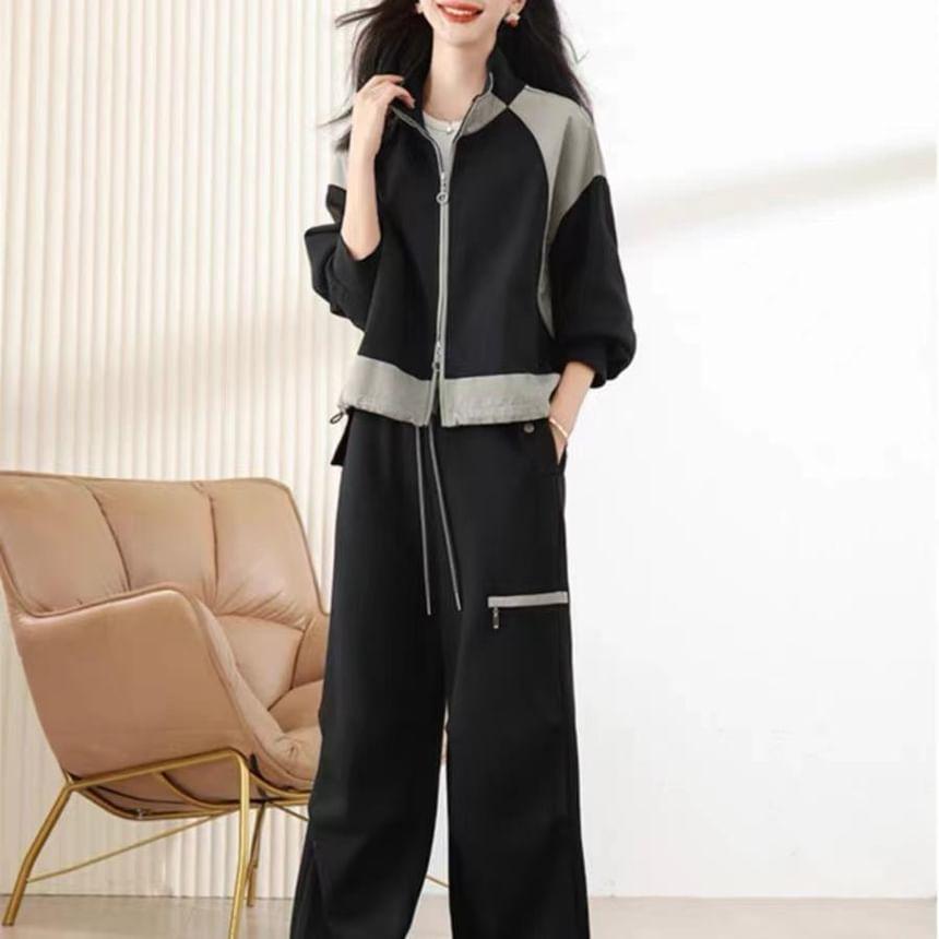 Set: Two Tone Zip-Up Jacket + High Rise Wide Leg Pants Product Image