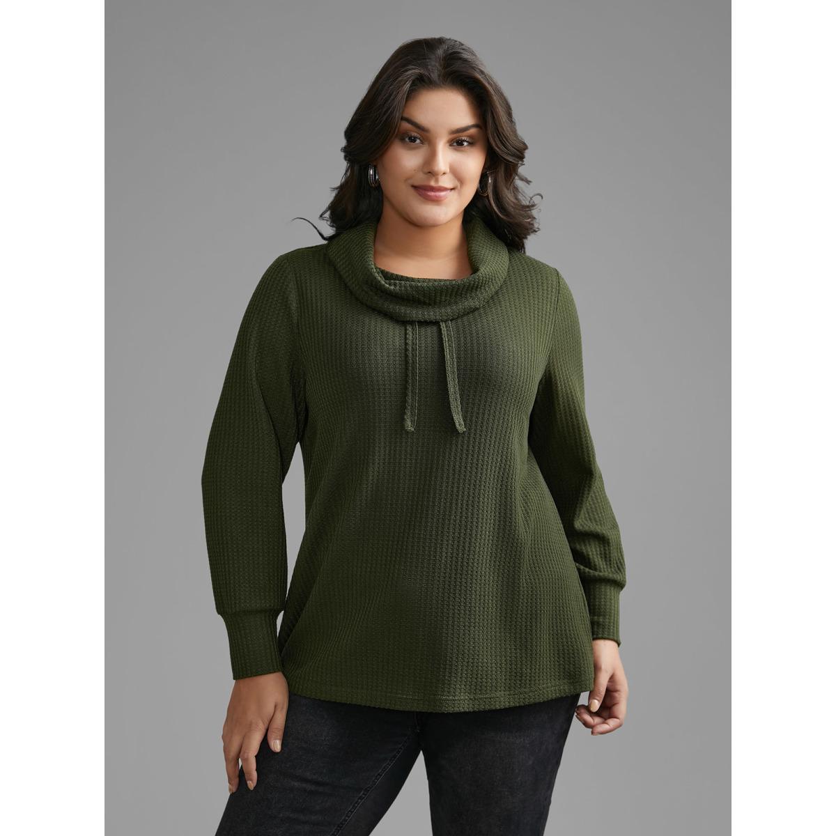 Plus Size Waffle Knit Turtleneck Drawstring T-shirt ArmyGreen Women Casual Texture Ruffled collar Everyday T-shirts BloomChic 30/6X Product Image