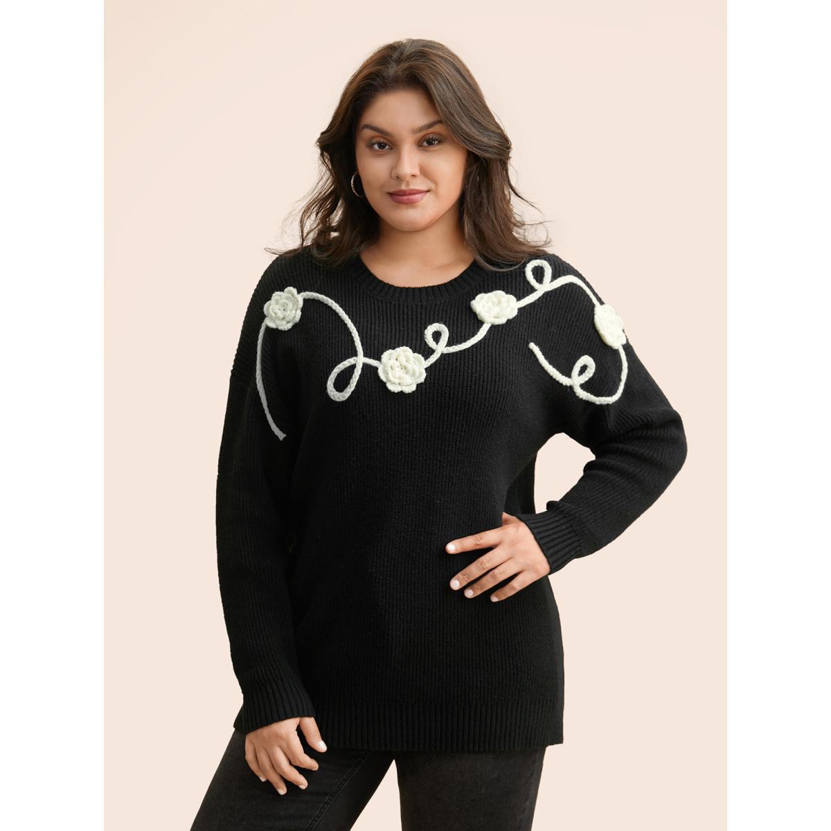 Plus Size Supersoft Essentials Crochet Floral Drop Shoulder Pullover Black Women Casual Loose Long Sleeve Round Neck Everyday Pullovers BloomChic 28/5X Product Image