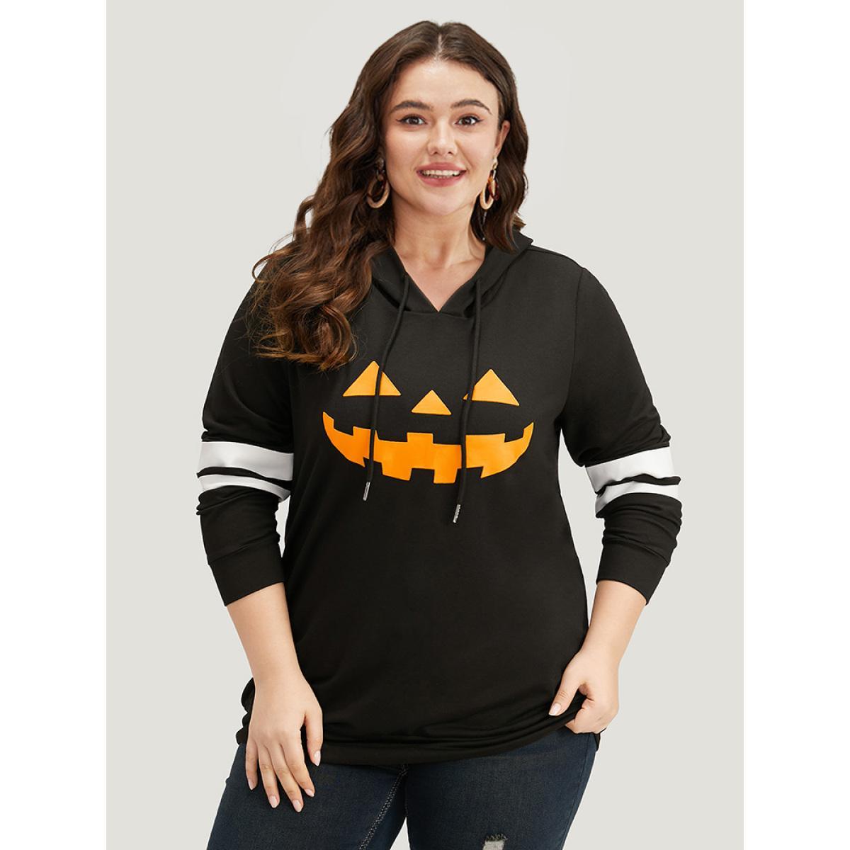 Plus Size Halloween Print Striped Patchwork Hooded Drawstring Sweatshirt Women Black Casual Elastic cuffs Festival-Halloween Sweatshirts BloomChic 22-24/3X Product Image